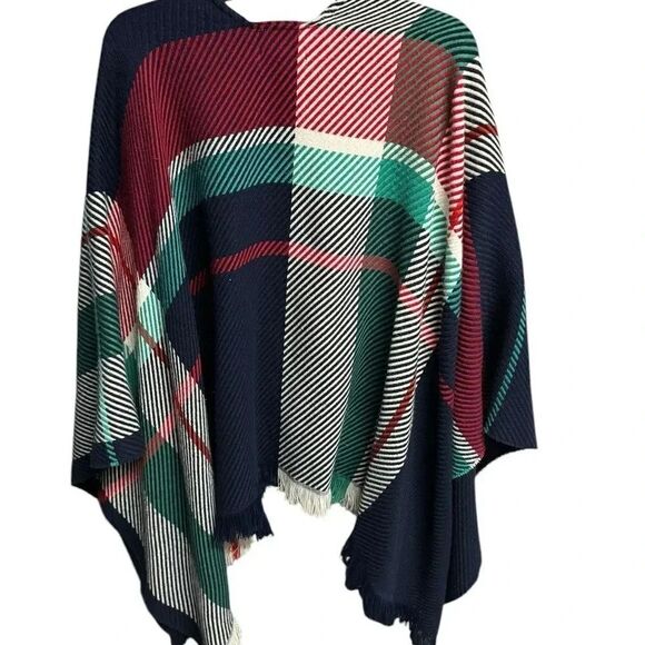 Women’s MAJE Emmy jacquard stripe wool-blend multicolor frayed hem shrug poncho - Picture 4 of 7
